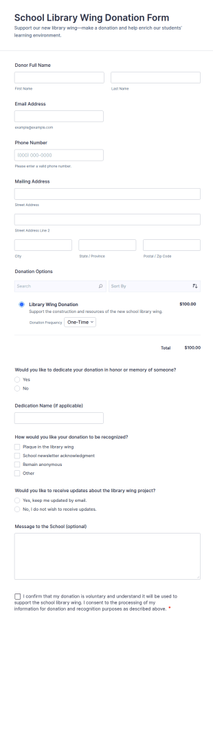 School Library Wing Donation Form Template