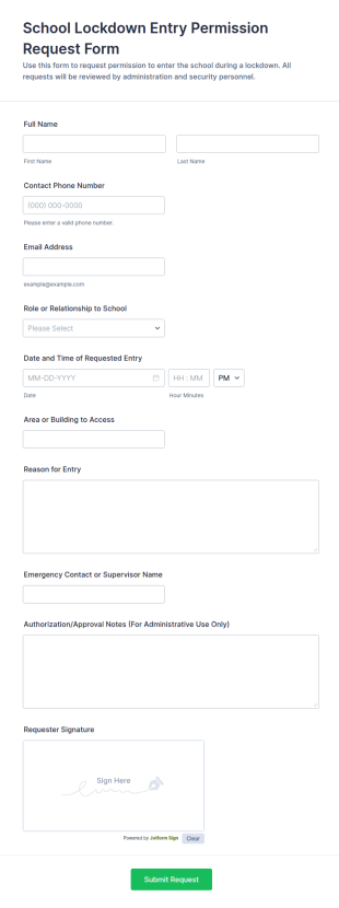 School Lockdown Entry Permission Request Form Template