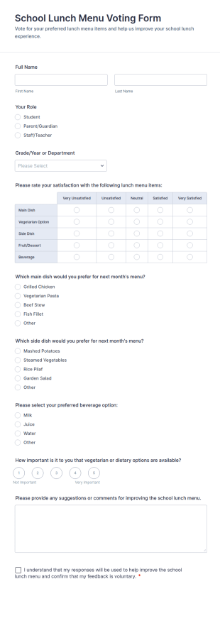 School Lunch Menu Voting Form Template