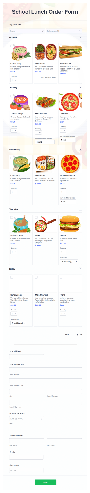 School Lunch Order Form Template