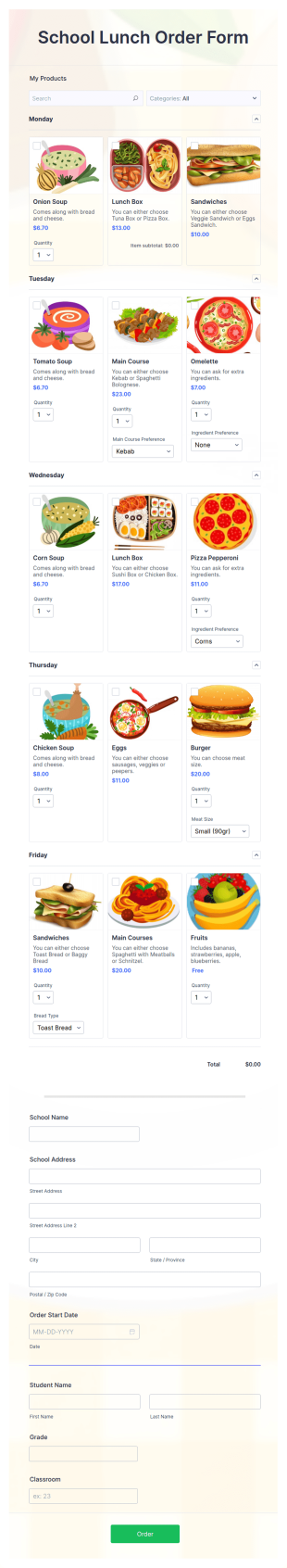 School Lunch Order Form Template