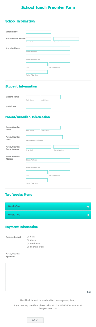 School Lunch Preorder Form Template