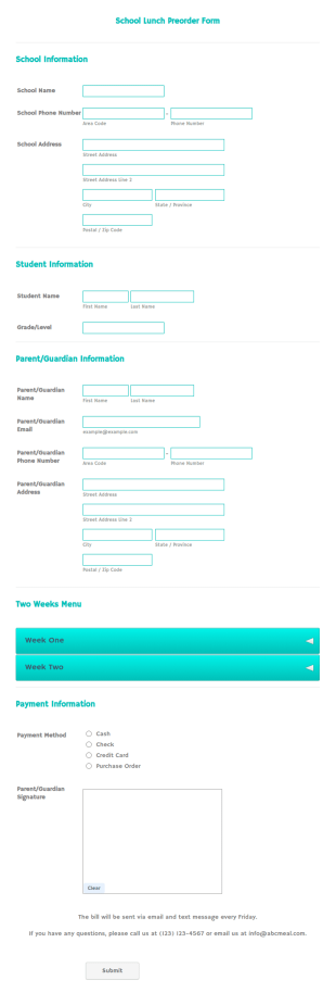 School Lunch Preorder Form Template