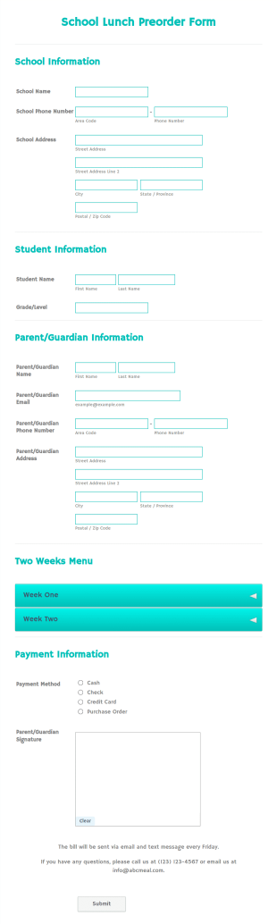 School Lunch Preorder Form Template