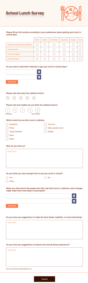 School Lunch Survey Form Template