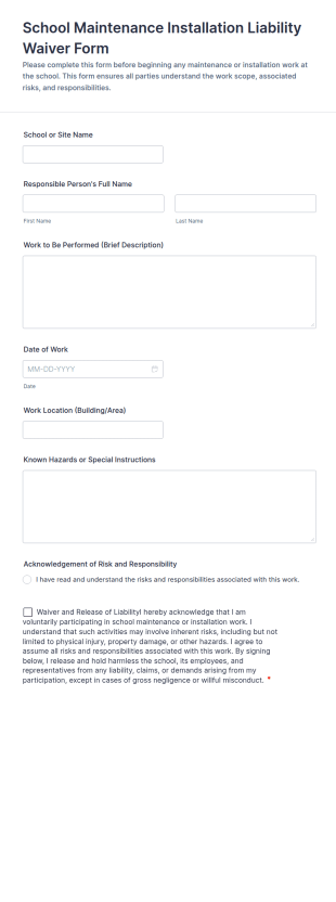 School Maintenance Installation Liability Waiver Form Template