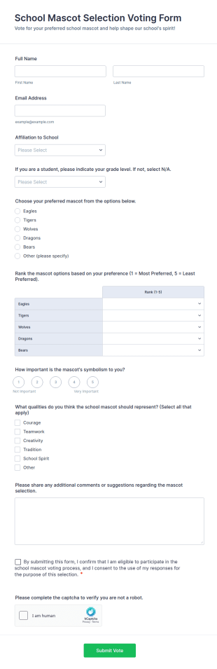 School Mascot Selection Voting Form Template