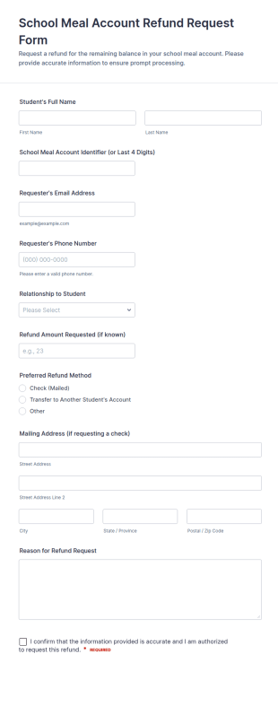 School Meal Account Refund Request Form Template
