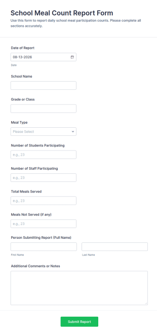 School Meal Count Report Form Template