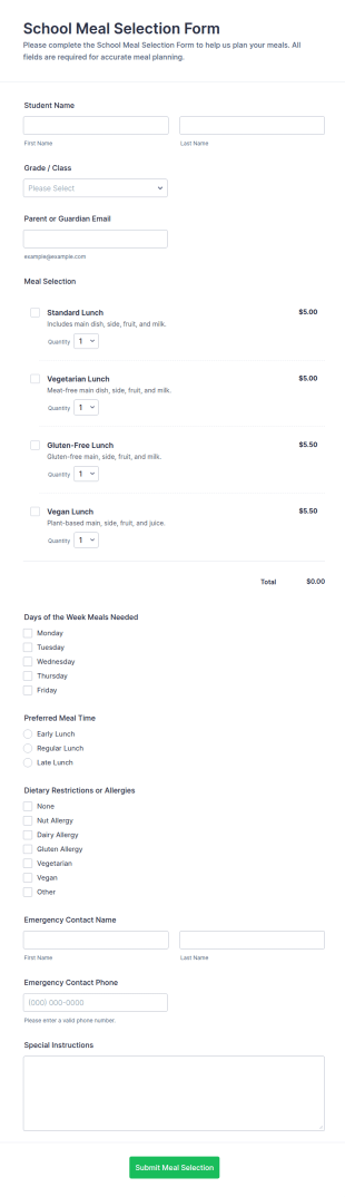 School Meal Selection Form Template