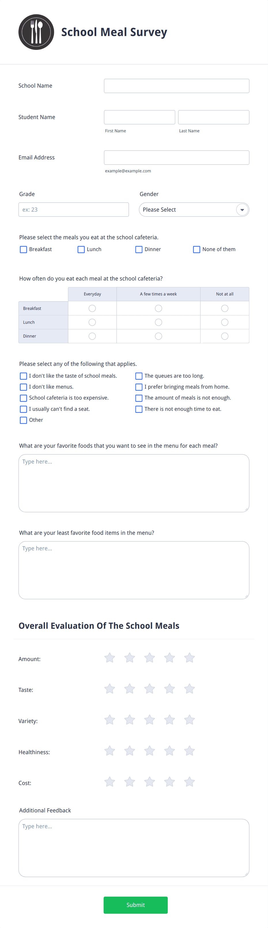 School Meal Survey Form Template | Jotform