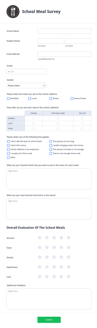 School Meal Survey Form Template
