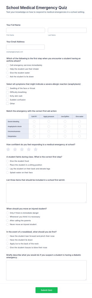 School Medical Emergency Quiz Form Template
