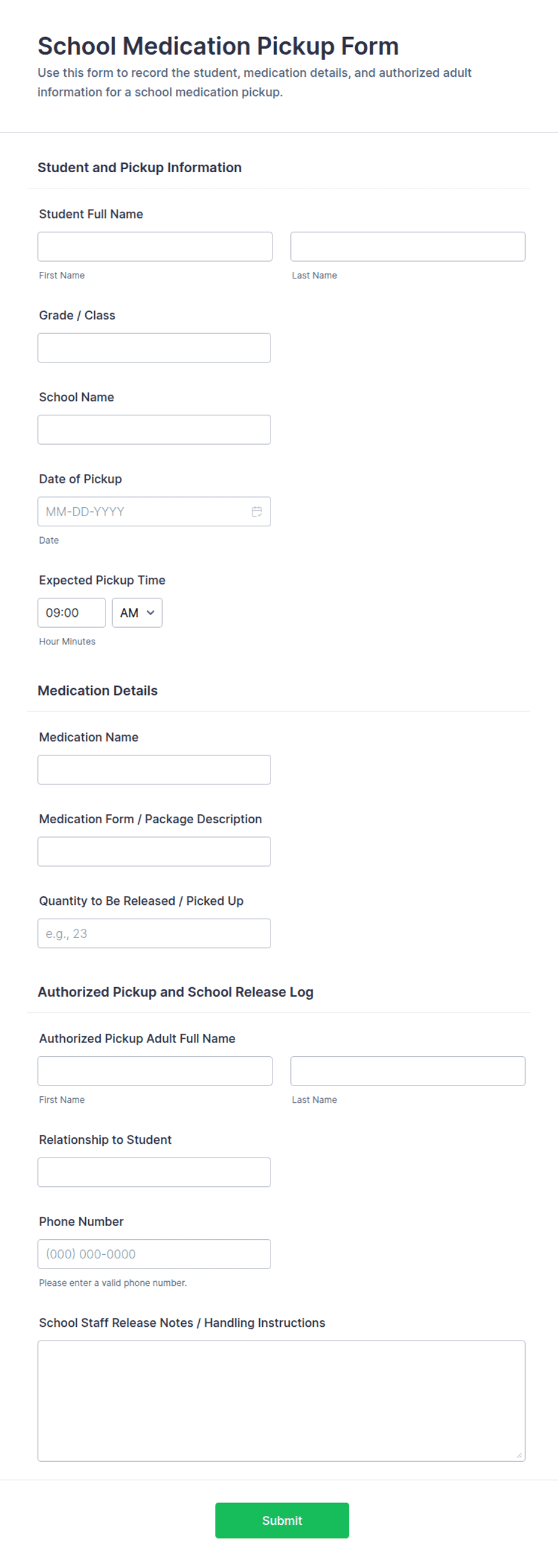 School Medication Pickup Form Template | Jotform