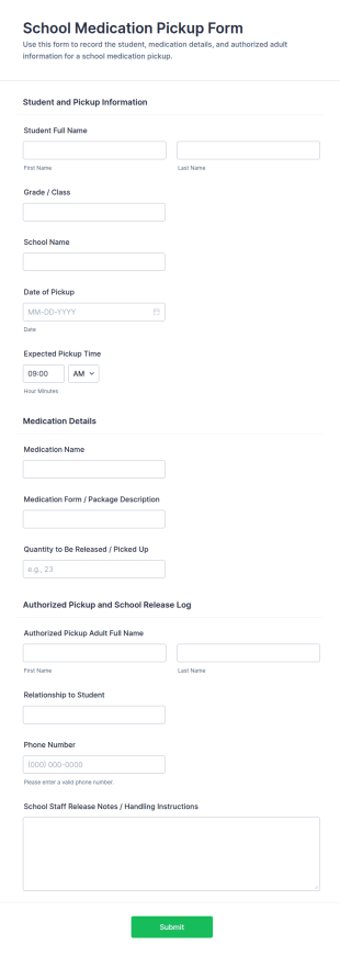 School Medication Pickup Form Template