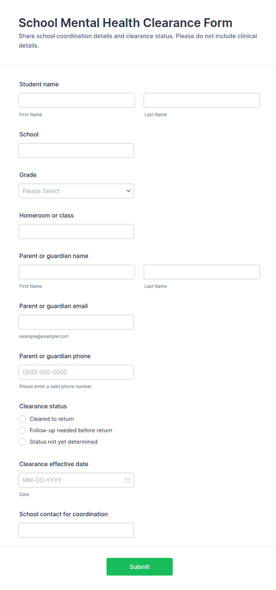School Mental Health Clearance Form Template | Jotform