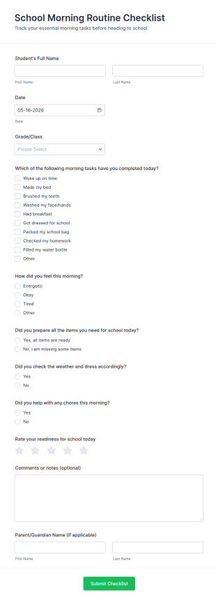 School Morning Routine Checklist Form Template