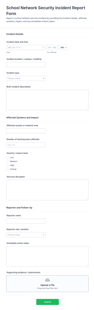 School Network Security Incident Report Form Template