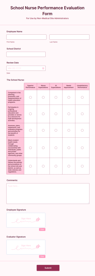 School Nurse Performance Evaluation Form Template