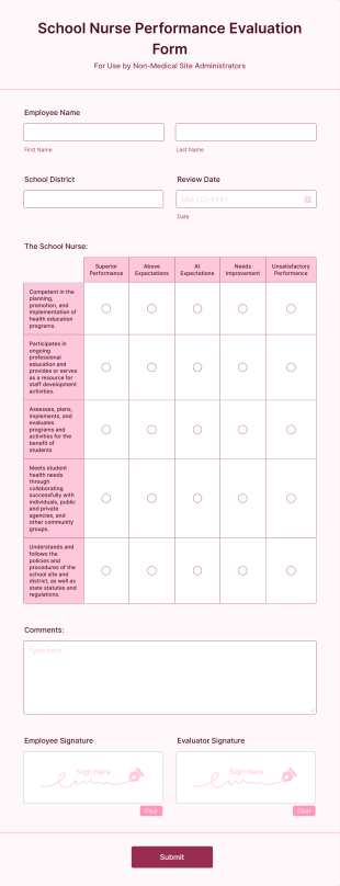School Nurse Performance Evaluation Form Template