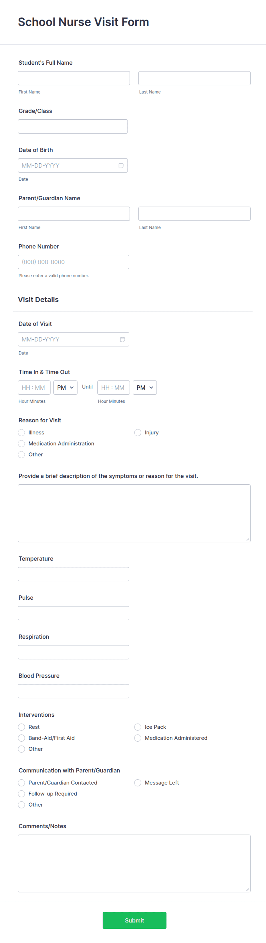 School Nurse Visit Form Template | Jotform