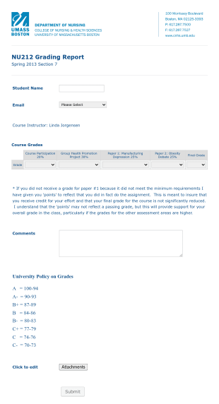 School Of Nursing Grading Report Form Template