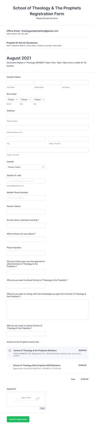 School Of Theology Registration Form Template
