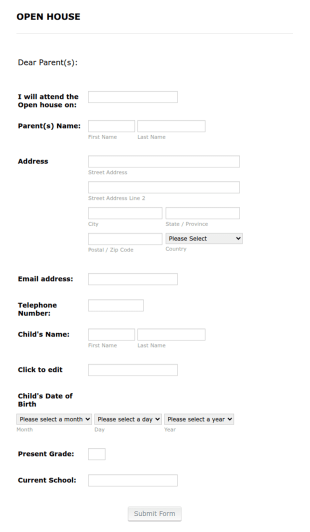 School Open House Form Template