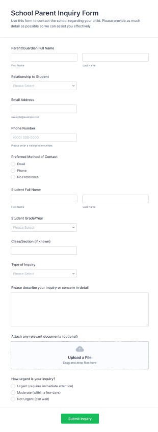 School Parent Inquiry Form Template