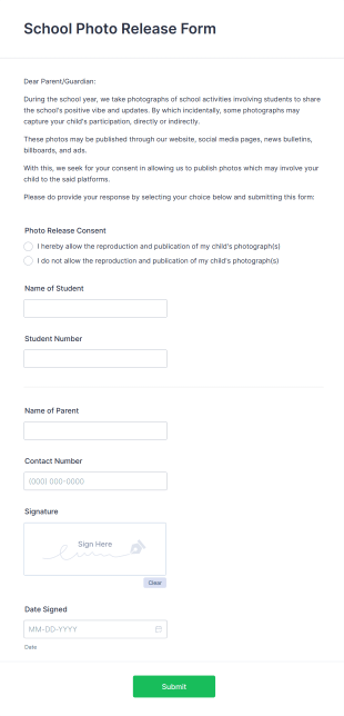 School Photo Release Form Template