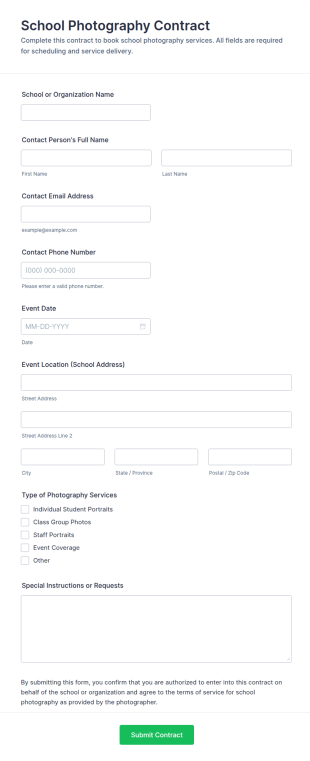 School Photography Contract Form Template