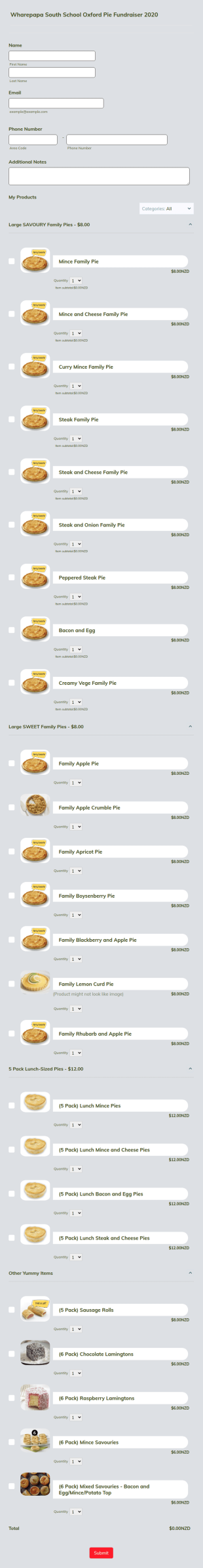 School Pie Fundraiser Order Form Template