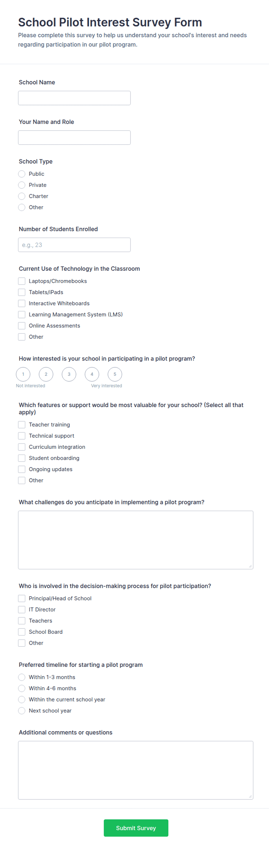 School Pilot Interest Survey Form Template | Jotform