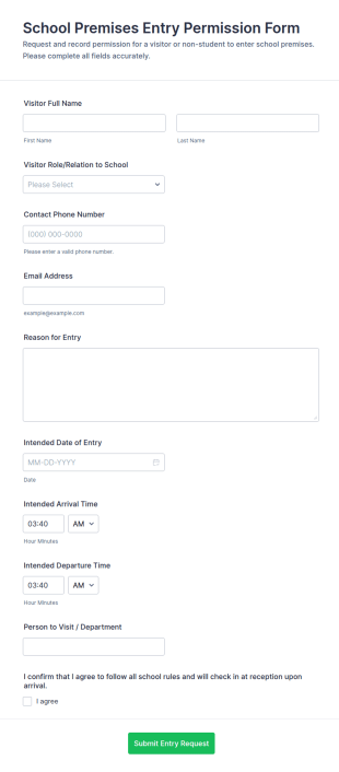 School Premises Entry Permission Form Template