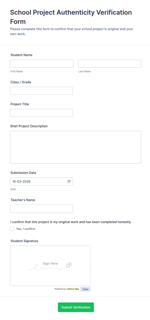 School Project Authenticity Verification Form Template