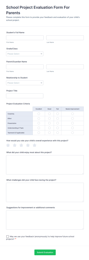 School Project Evaluation Form For Parents