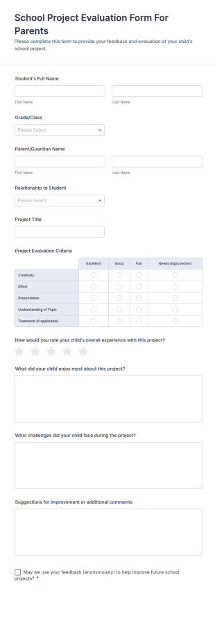 School Project Evaluation Form For Parents