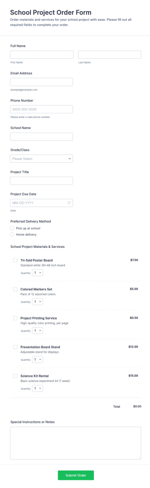 School Project Order Form Template