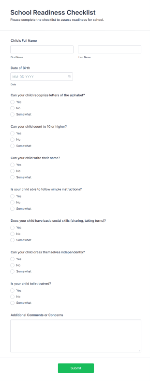 School Readiness Checklist Form Template