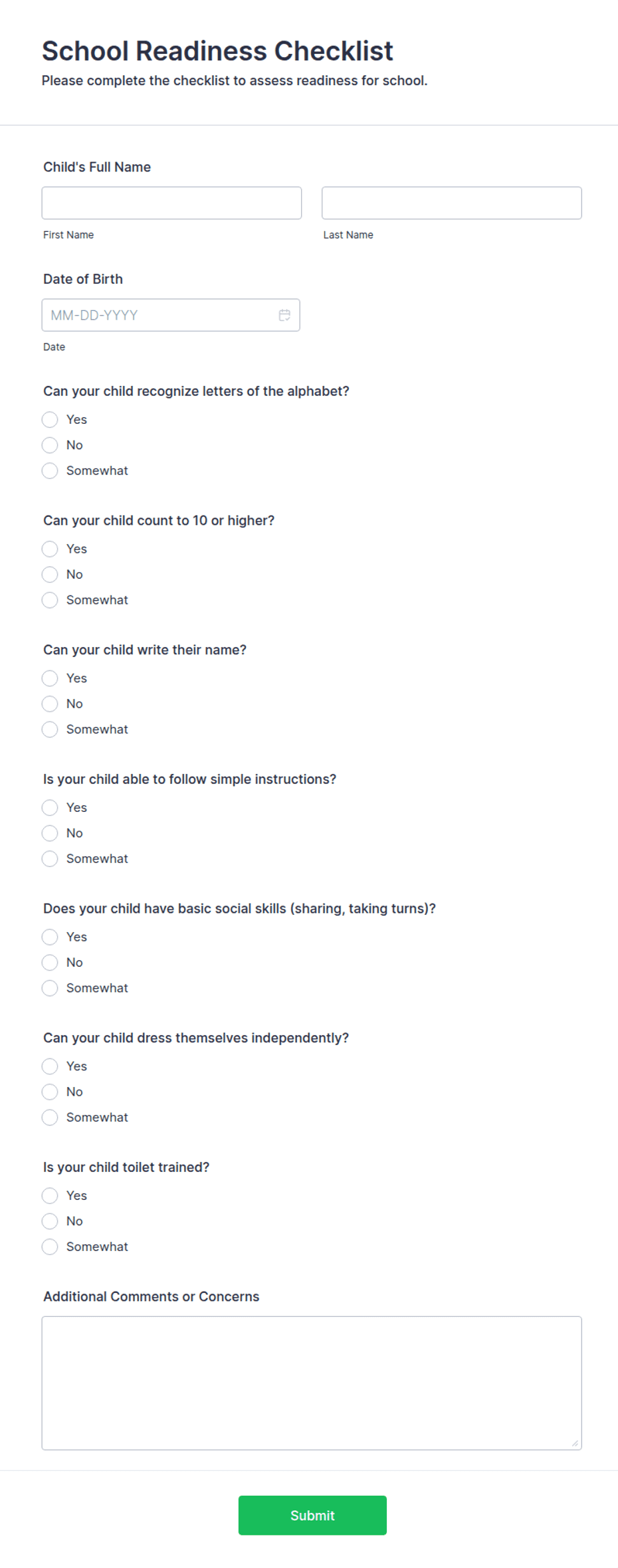 School Readiness Checklist Form Template | Jotform