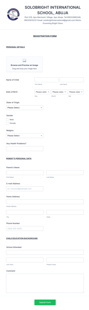 Nigeria School Admission Form Template
