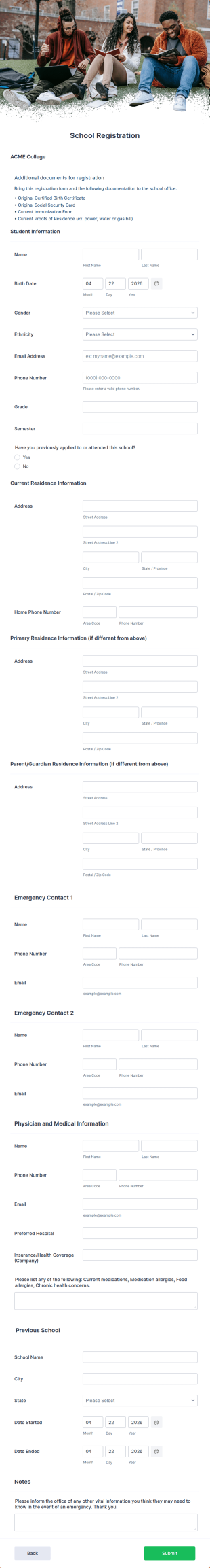 School Registration Form Template