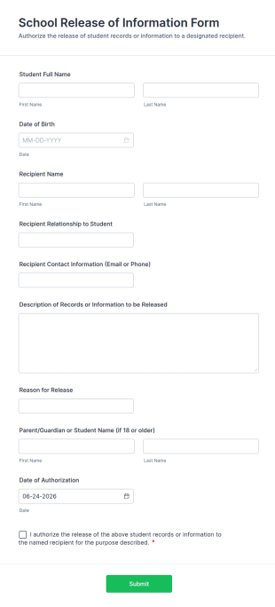 School Release Of Information Form Template