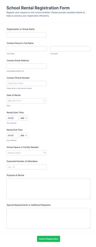 School Rental Registration Form Template