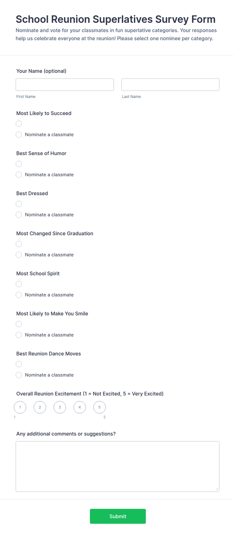 School Reunion Superlatives Survey Form Template | Jotform