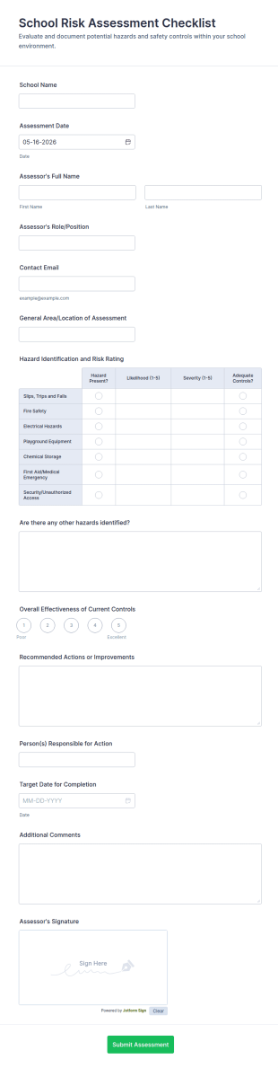 School Risk Assessment Checklist Form Template