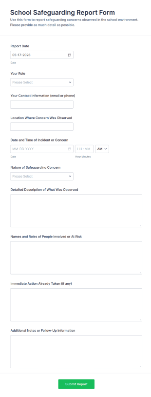 School Safeguarding Report Form Template