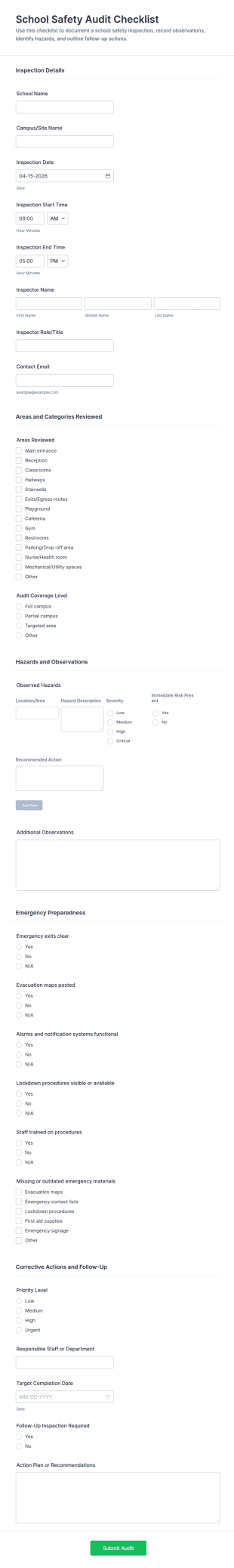 School Safety Audit Checklist Form Template