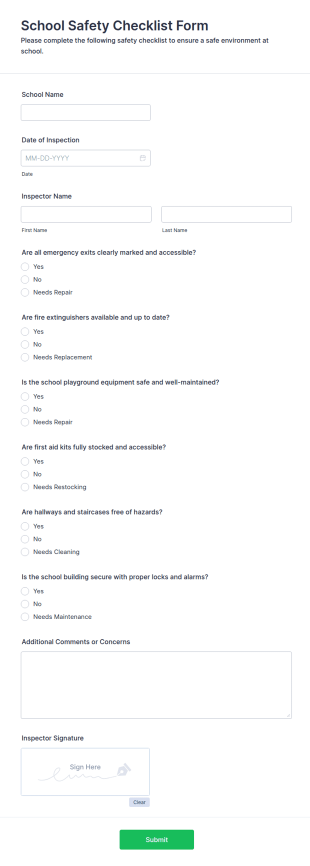 School Safety Checklist Form Template