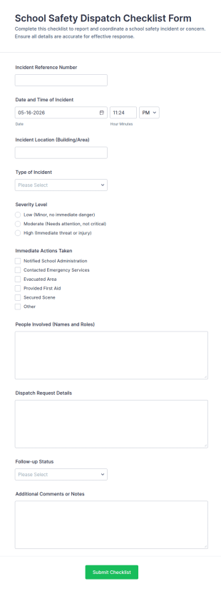 School Safety Dispatch Checklist Form Template